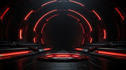 Futuristic red neon portal with platform.