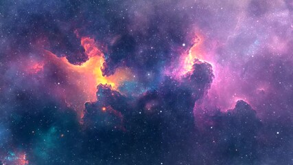 Wall Mural - Bright fiery nebula with golden clouds in deep outer space. Celestial creation concept. Seamless looping time-lapse video background.