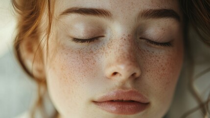 A close-up of a young woman with her eyes closed and a serene expression, showcasing her natural beauty and the soft texture of her skin in a calming setting.