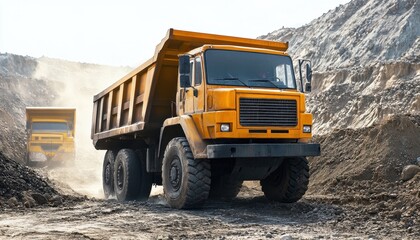 Heavy dump trucks transporting materials on a construction site in a dusty landscape