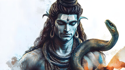 Wall Mural - Beautiful digital painting of lord Shiva with divine serpent on white background for sale