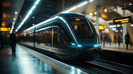 Aufkleber - A close-up of an electric train arriving at a modern urban station, with sleek, shiny exterior and passengers waiting on the platform.