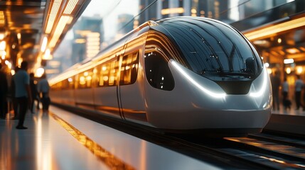 Aufkleber - A close-up of an electric train arriving at a modern urban station, with sleek, shiny exterior and passengers waiting on the platform.
