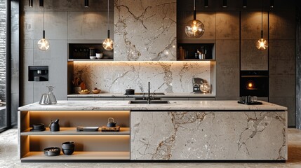 Wall Mural - Modern kitchen design featuring stone countertops and warm lighting in a contemporary home