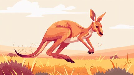 Create a vector illustration of a Red kangaroo leapingin a kawaii style, simplified to feature fewer elements for a cleaner look, Use a color palette that is appealing to children, with bright and che