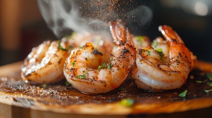 A close-up of grilled shrimp being served on a wooden board, with steam rising and a sprinkle of seasoning, highlighting the appetizing presentation. -