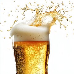 Super Macro Close Up of Splashing Beer Liquid with Frothy Foam on Transparent Background