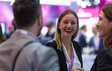 A candid shot of a woman conversing at a trade fair, gaining valuable experience and knowledge from industry experts.