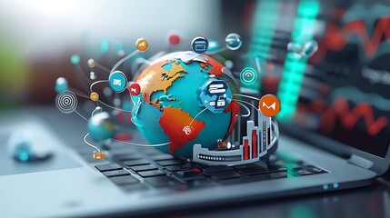global network concept: blue planet with computer and keyboard on it, representing internet connecti