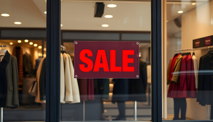 Wall Mural - Red Sale Sign Sticker on the outside of Fashion Store Windows isolated with white highlights, png