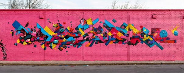 Wall Mural - Abstract graffiti mural exploding with color on pink brick wall