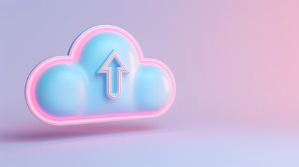 3D illustration of a cloud icon with an upload arrow, symbolizing cloud computing and data storage, in a pastel color scheme.