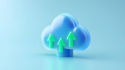 3D illustration of a cloud icon with green arrows signifying data upload on a blue background, representing cloud computing technology