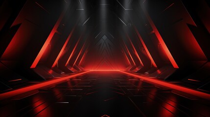 Red light illuminates a dark, futuristic, geometric hallway.