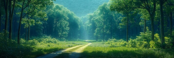 Wall Mural - The highway winds through the Khao Yai forest with lush green trees. Image created by AI