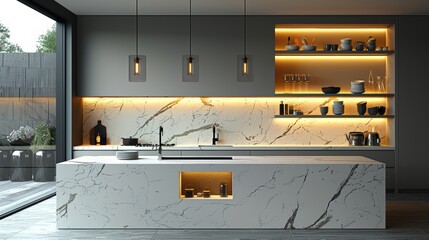 Wall Mural - Modern kitchen interior featuring marble countertops, ambient lighting, and minimalist design during daylight