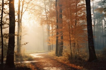 Wall Mural - Autumn woods land landscape outdoors.