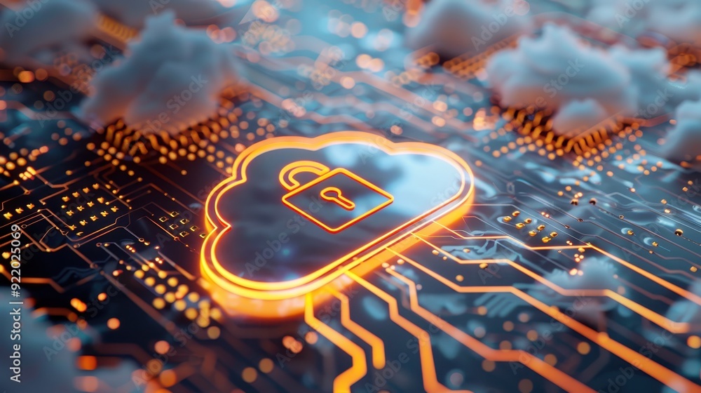Cybersecurity concept with a glowing cloud and lock icon on a circuit ...