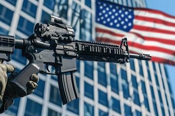 A close-up shot of a tactical rifle held upright in front of a blurred American flag against a modern glass building backdrop.