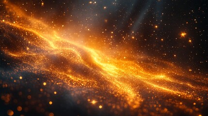 Wall Mural - Golden dust particles floating on black background forming wavy shapes