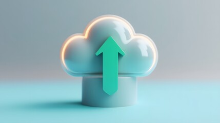 3D illustration of an upward arrow on a cloud icon, representing data upload and cloud storage in a digital technology concept.