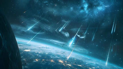 Poster - Earth Enveloped in a Captivating Meteor Shower Amidst the Cosmic Expanse