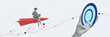 © deagreez - Composite panoramic collage of happy girl freelancer type laptop sit paper plane fly target hand hold aim isolated on painted background