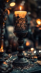 Poster - Lit candle standing on table with halloween decorations in background