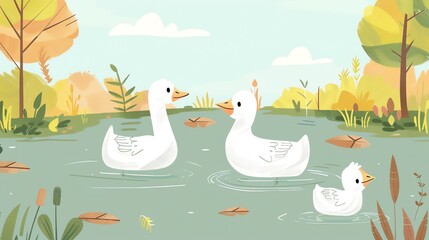 Create a vector illustration of a Quacking geese by a pondin a kawaii style, simplified to feature fewer elements for a cleaner look, Use a color palette that is appealing to children, with bright and