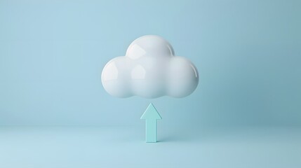 Wall Mural - 3D rendering of a white cloud with an upward arrow on a light blue background symbolizing cloud computing, data storage, and technology.