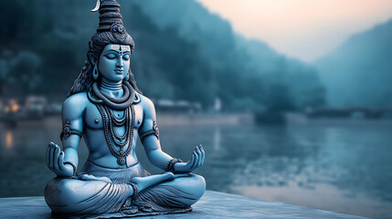 Lord Shiva Hindu God idol sculpture in meditation pose Yoga Hinduism religion spirituality peace tranquility India culture belief faith god praying mantra meditation blue background