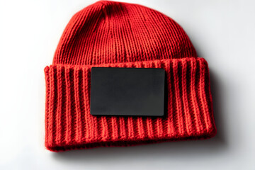 Canvas Print - Black unbranded mockup label on a white background attached to a red knitted beanie hat.