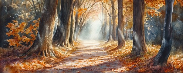 Canvas Print - Sun shining through trees on path covered in fallen leaves