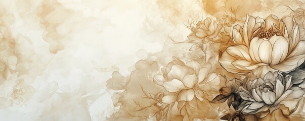 Wall Mural - Sepia watercolor floral background creating artistic romantic atmosphere