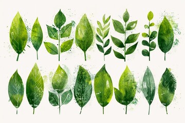 Set of texture green leaves. Vector grunge modern textured brush stroke, scribbled. Abstract plant print. Doodle hand drawn natural elements for backgrounds, templates, wallpaper, card	
