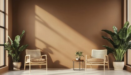 Cozy interior design featuring two chairs and plants in a sunlit room with brown walls