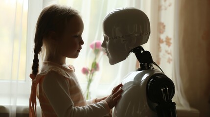 Cute little kid playing with her big transparent humanoid droid robot with human face, friend indoor, in atmosphere of joy and playfulnesses, two friends