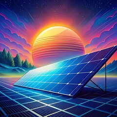 Solar panel with blue sky and sunset concept clean energy electric alternative power in nature
