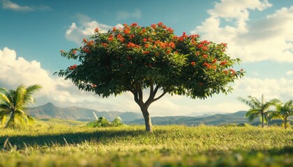 Wall Mural - Majestic flowering tree in a lush green landscape under a bright blue sky