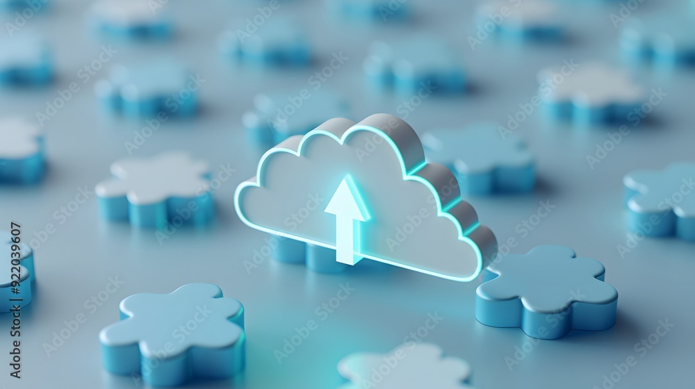 Cloud computing concept with glowing cloud icon and upload arrow ...