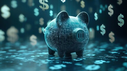 A 3D piggy bank with floating currency symbols, symbolizing savings and investments,