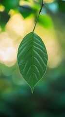 Canvas Print - Single green leaf hanging from branch with blurred background