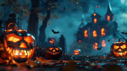 Beautiful colorful background for Halloween with pumpkins. AI Generated