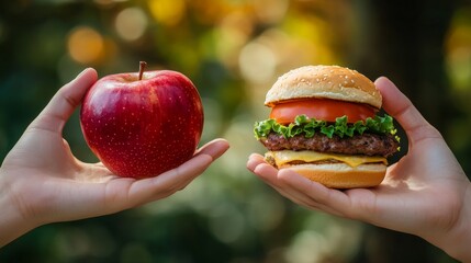 A person is holding an apple and a hamburger