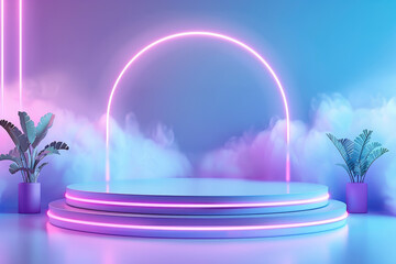 Wall Mural - modern stage design, vibrant circular neon arch, colorful atmospheric lighting, lush greenery in pot