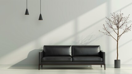 Sticker - Minimalist Living Room with Black Leather Sofa