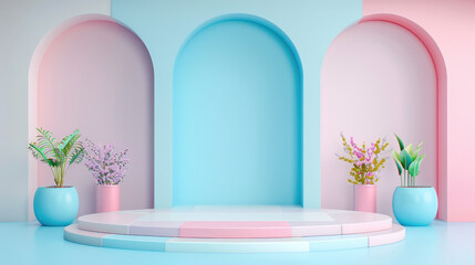 Wall Mural - vibrant modern stage design with pastel blue and pink hues, arched backgrounds, circular platform, a
