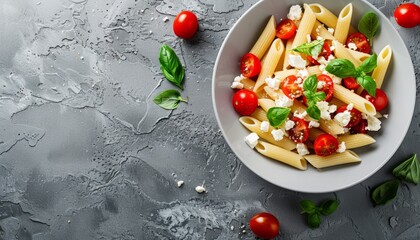 Wall Mural - Photo of Penne pasta with cherry tomatoes and feta cheese in a white bowl on a grey stone background, taken from above. Space for text or a 