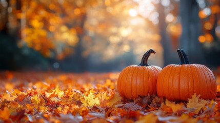 Two pumpkins sitting on fall leaves in the forest