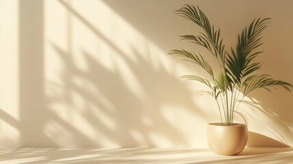 Poster - Sunlight casting shadows from potted plant on minimal beige wall